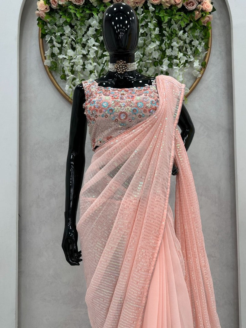 Peach heavy sequence work designer saree with heavy blouse