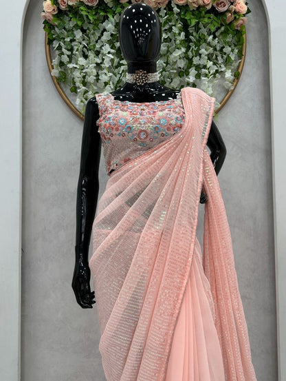 Peach heavy sequence work designer saree with heavy blouse