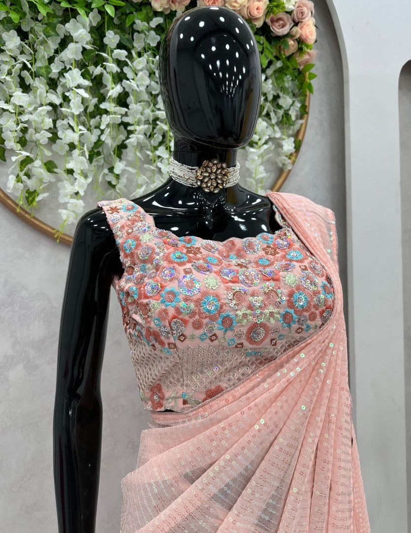 Peach heavy sequence work designer saree with heavy blouse