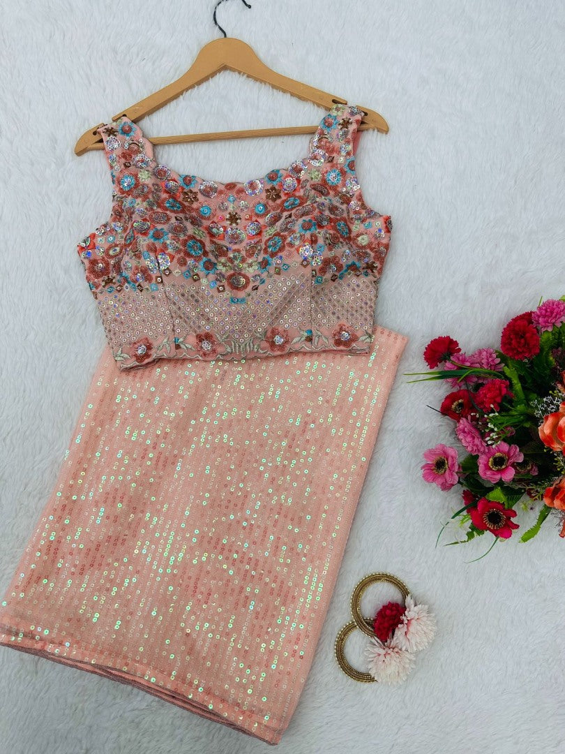 Peach heavy sequence work designer saree with heavy blouse