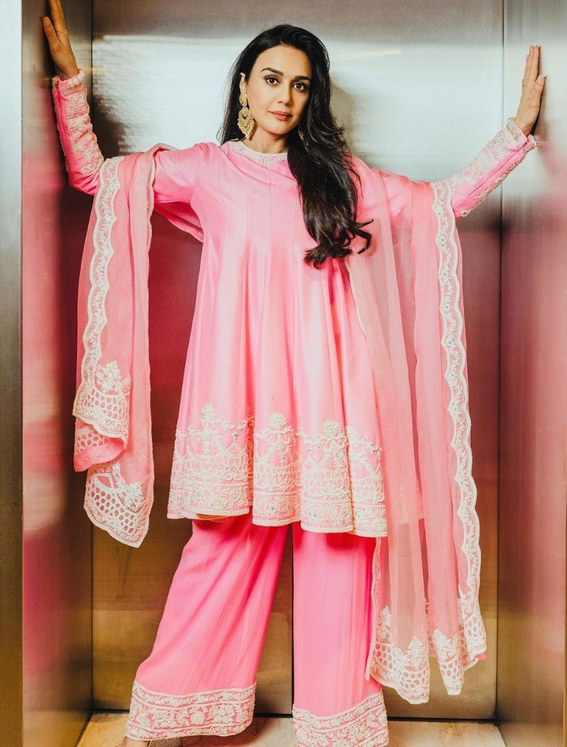 Peach heavy silk thread sequence work preity zinta palazzo suit
