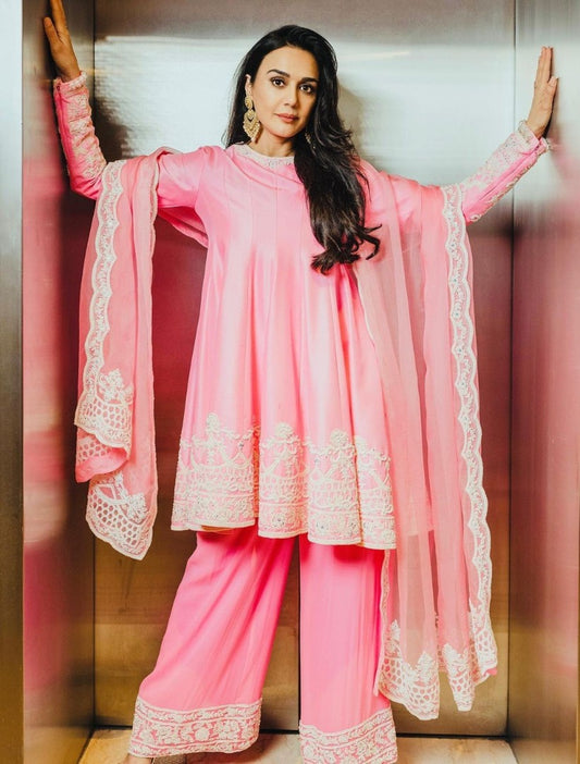 Peach heavy silk thread sequence work preity zinta palazzo suit