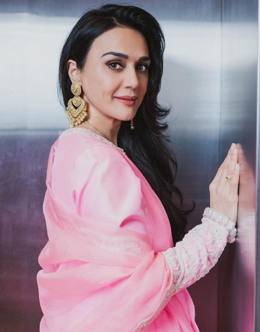 Peach heavy silk thread sequence work preity zinta palazzo suit