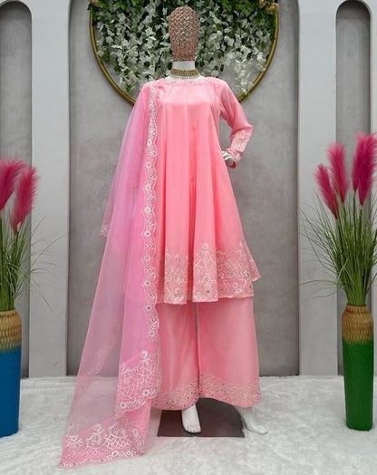 Peach heavy silk thread sequence work preity zinta palazzo suit