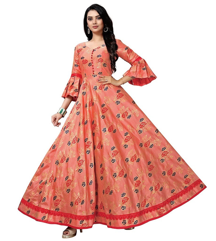 Peach jacquard umbrella flair long gown