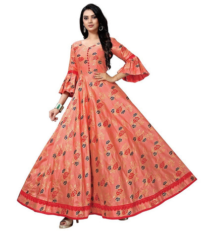 Peach jacquard umbrella flair long gown