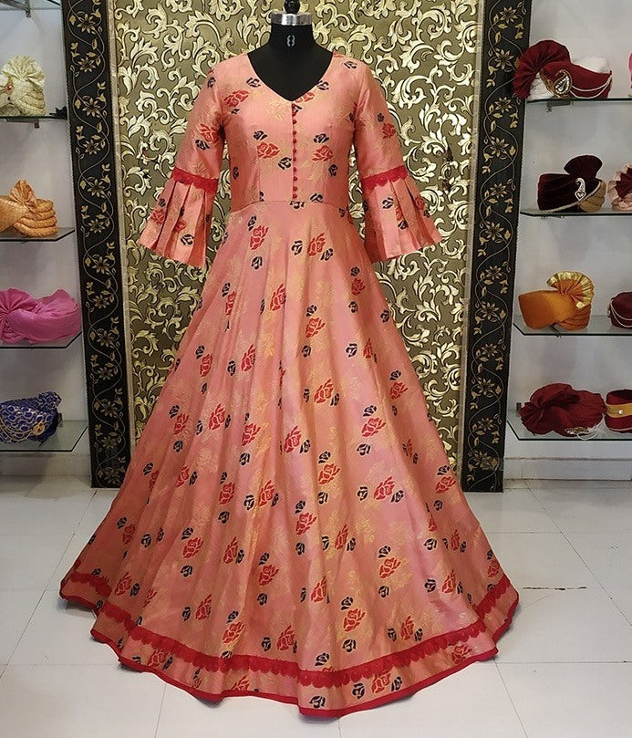 Peach jacquard umbrella flair long gown