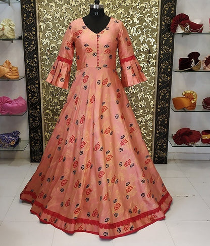 Peach jacquard umbrella flair long gown