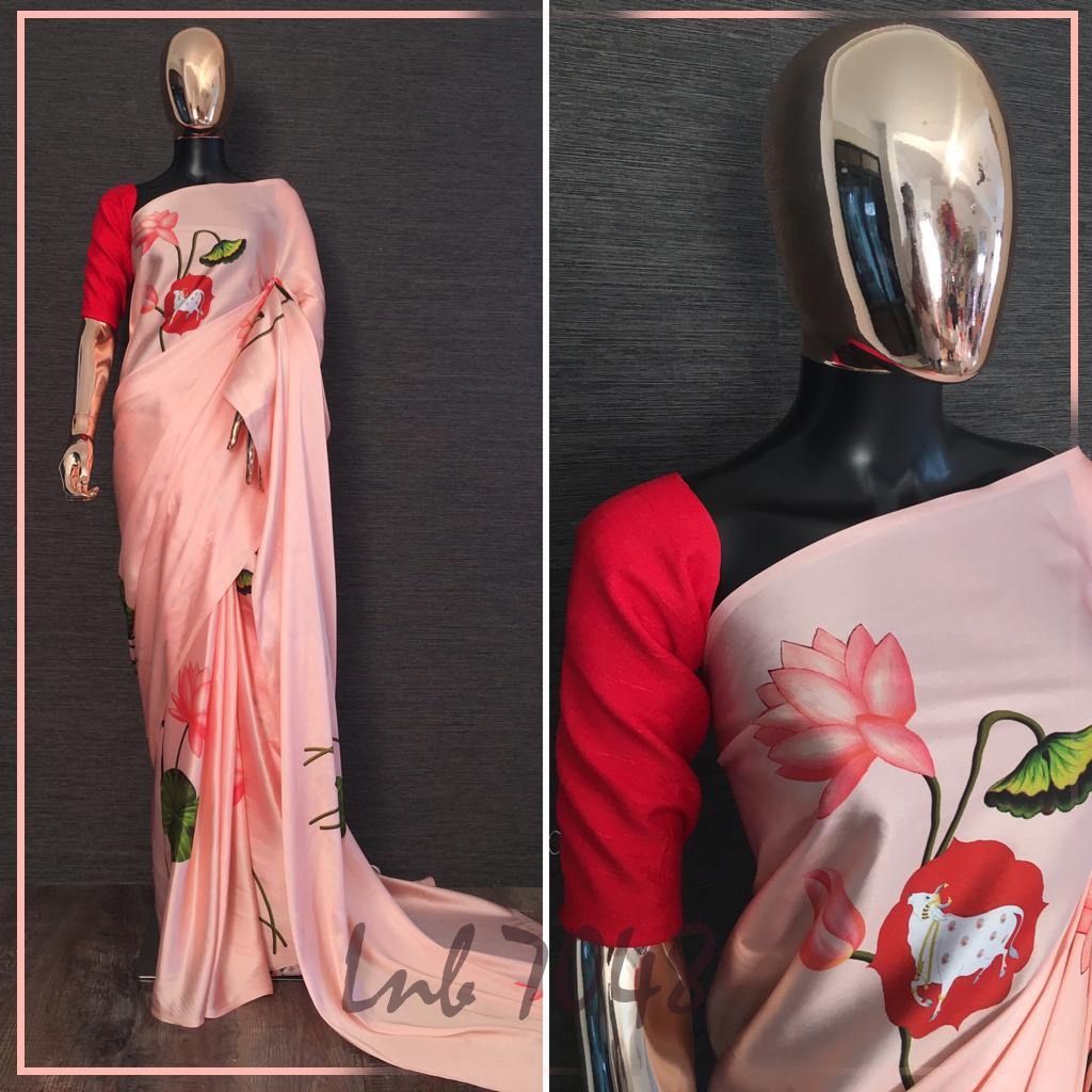 Peach japan satin silk digital floral printed saree