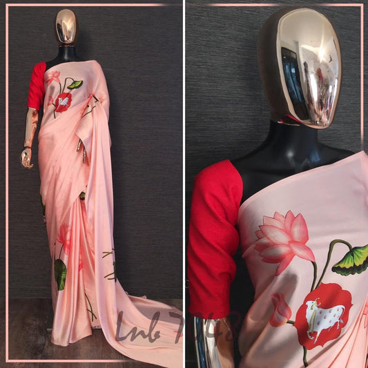Peach japan satin silk digital floral printed saree