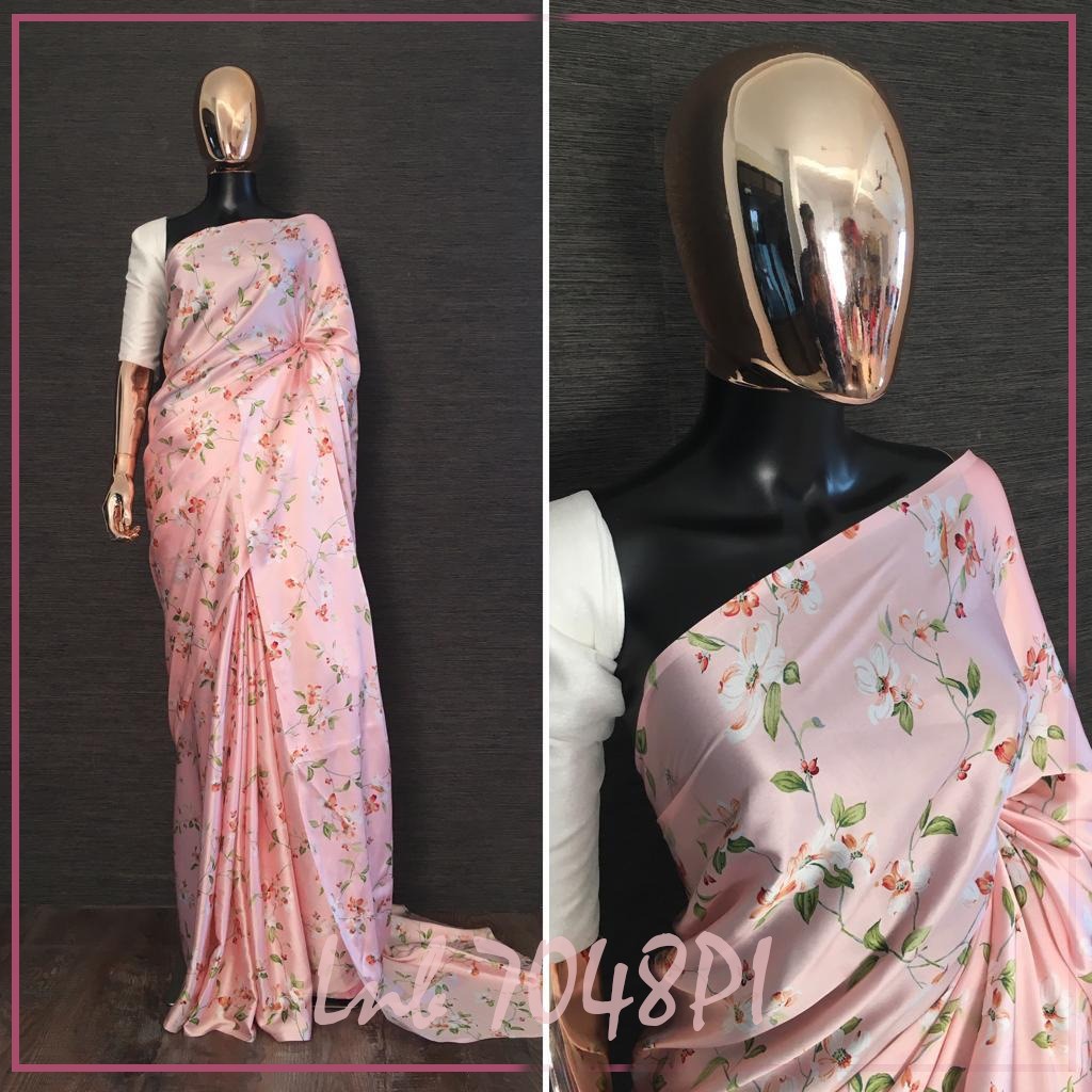 Peach japan satin silk digital floral printed saree