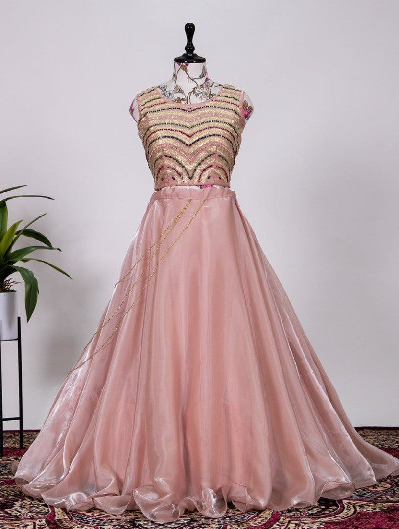 Peach jimi silk designer embroidered party wear crop top lehenga