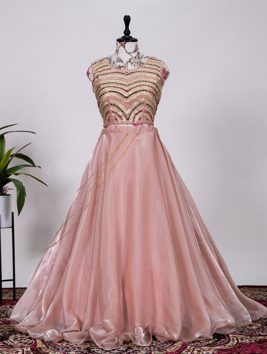 Peach jimi silk designer embroidered party wear crop top lehenga