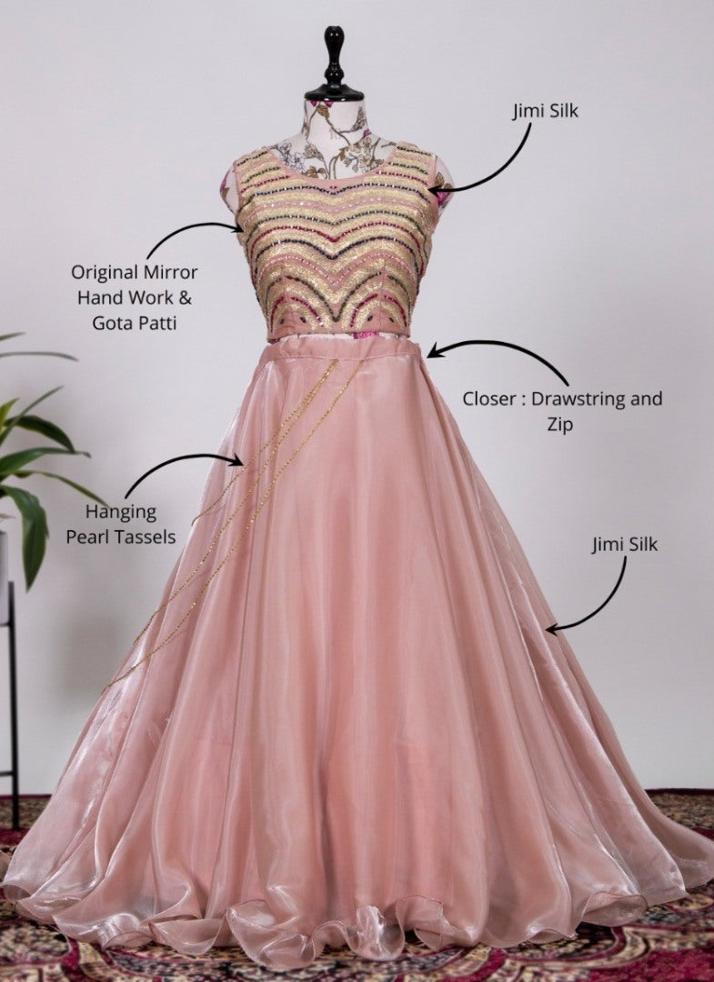 Peach jimi silk designer embroidered party wear crop top lehenga