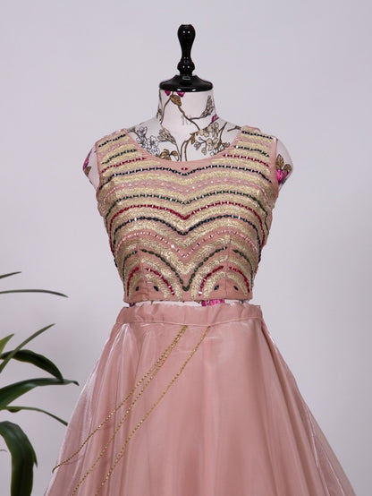 Peach jimi silk designer embroidered party wear crop top lehenga