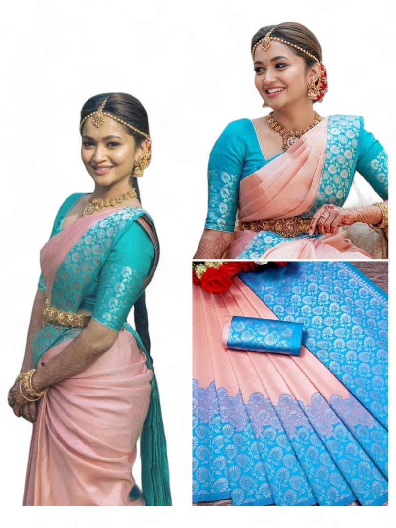 Peach lichi silk wedding saree