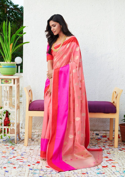 Peach linen silk pink border casual saree