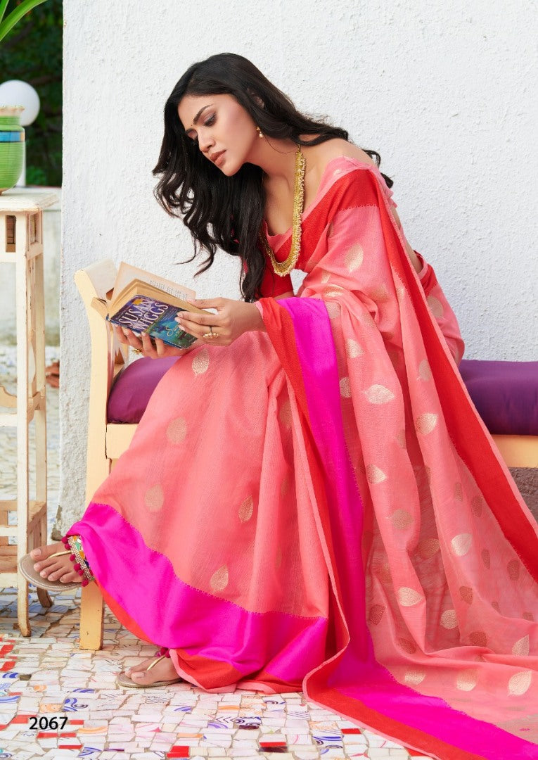 Peach linen silk pink border casual saree