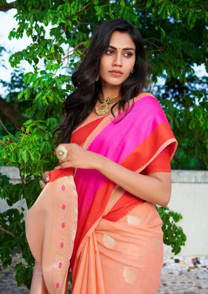 Peach linen silk pink border casual saree