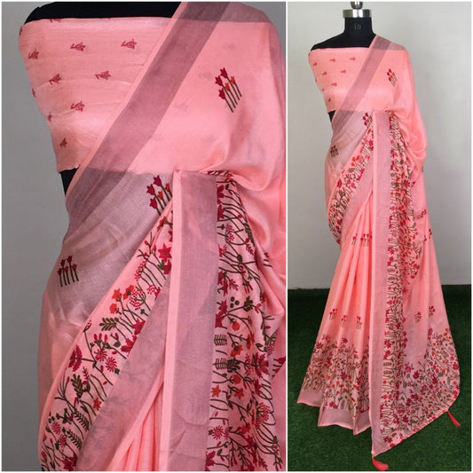 Peach linen silk printed saree