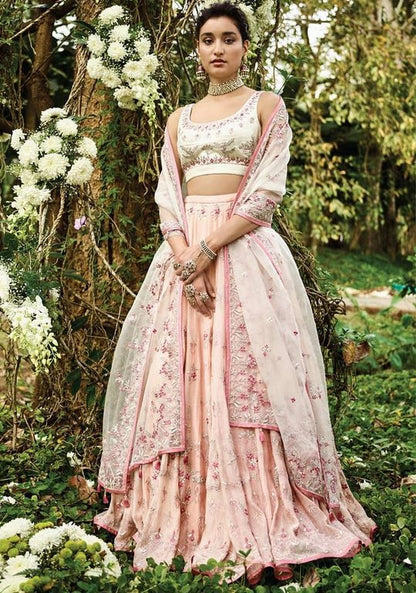 Peach malai satin heavy embroidered wedding lehenga