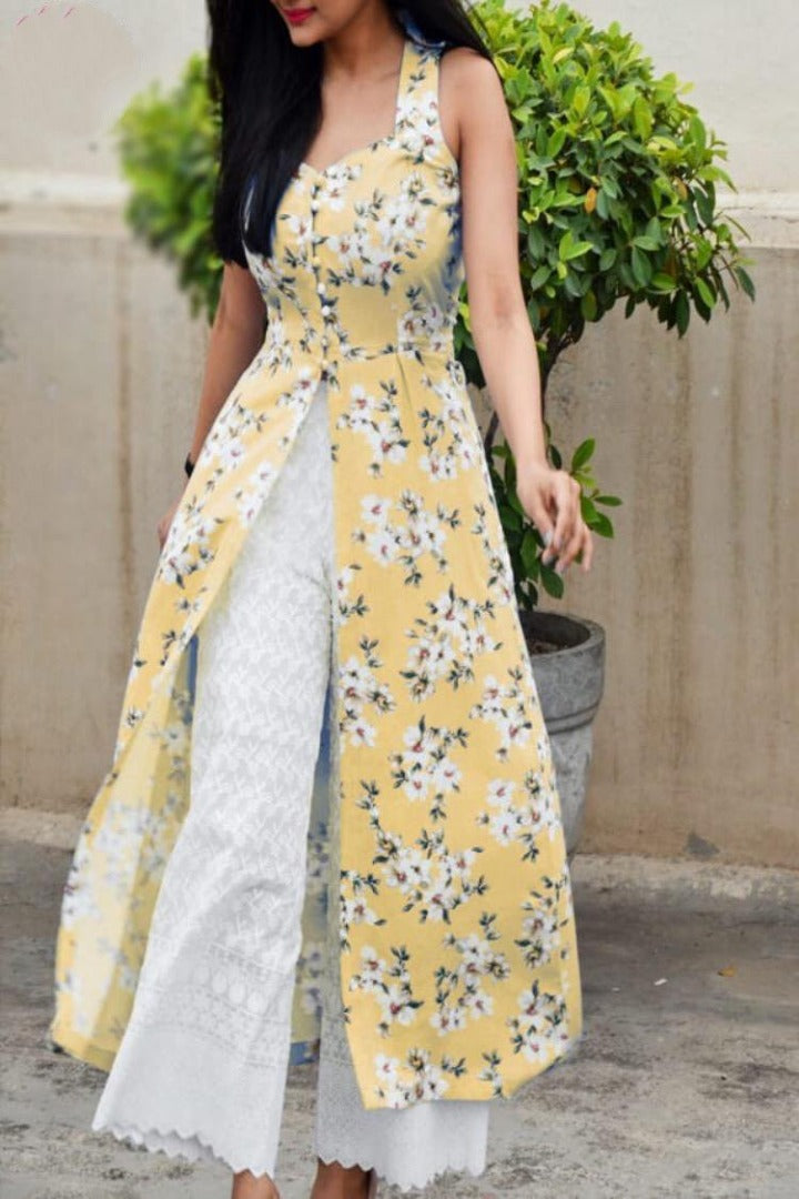 peach masleen cotton digital printed plazzo kurti