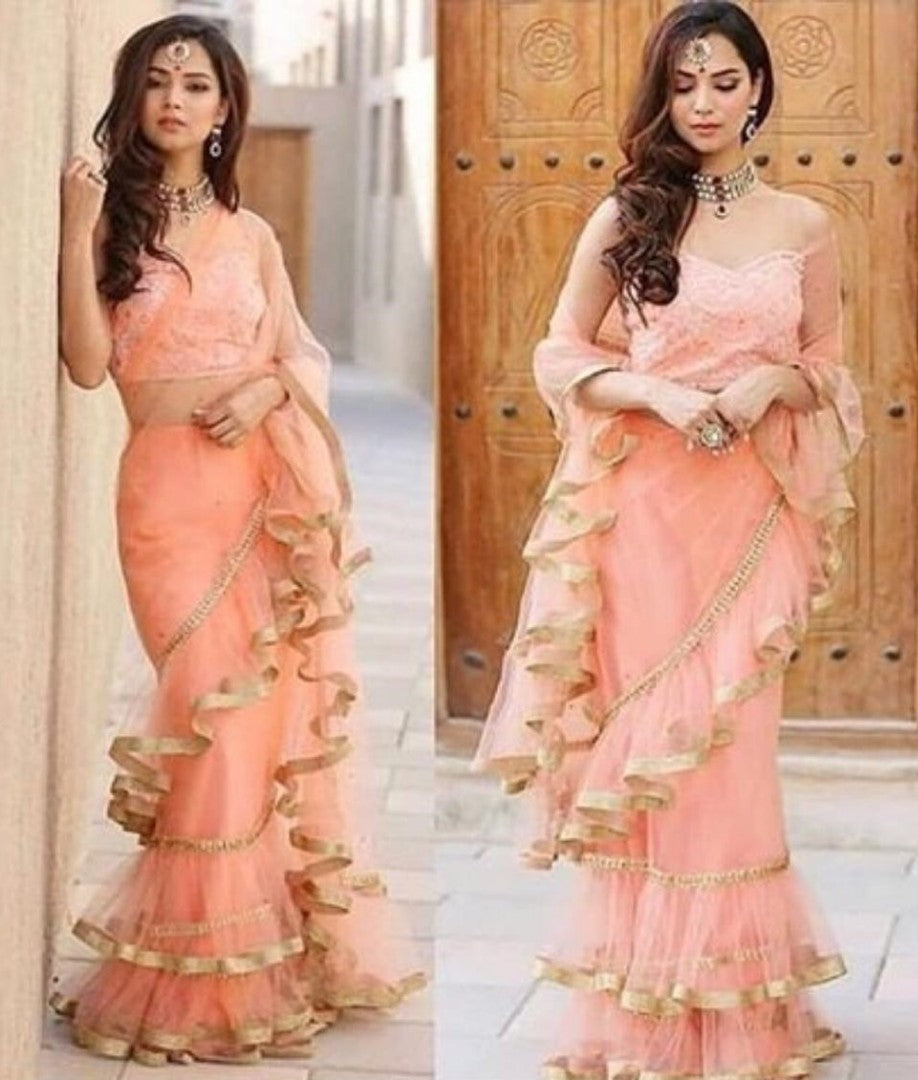 peach mono net beautiful partywear plain stylist saree