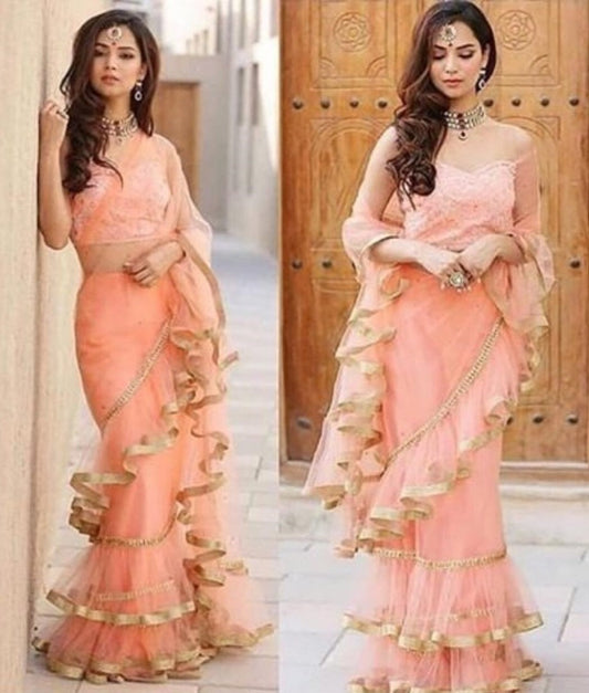 peach mono net beautiful partywear plain stylist saree
