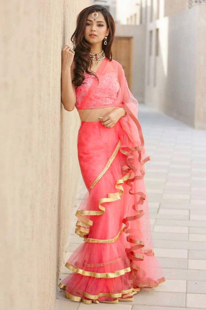 peach mono net beautiful partywear plain stylist saree