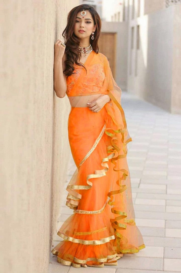 peach mono net beautiful partywear plain stylist saree