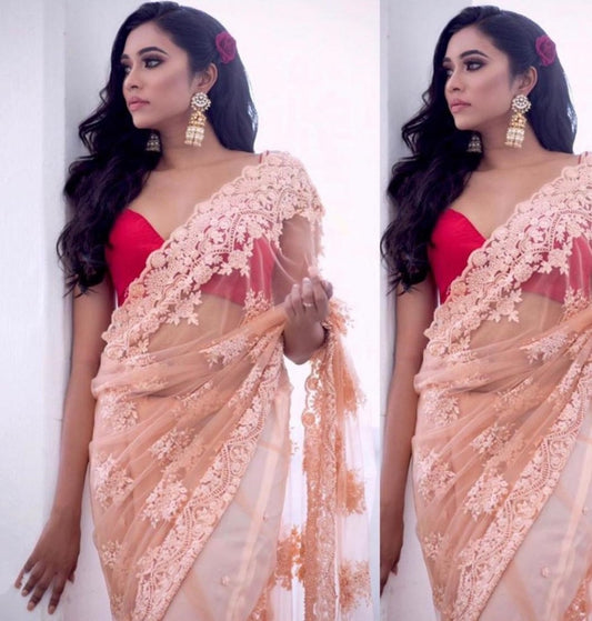 Peach mono net chain stitch embroidered partywear saree