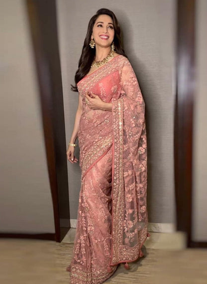 Peach mono net designer embroidered wedding saree