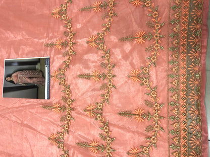 Peach mono net designer embroidered wedding saree