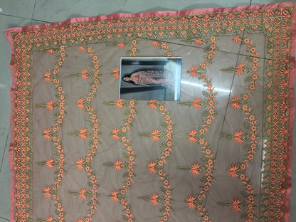 Peach mono net designer embroidered wedding saree