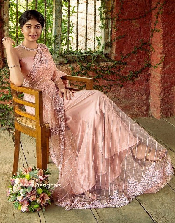 Peach mono net embroidery worked designer saree