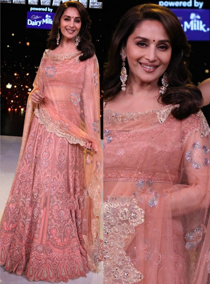 peach mono net heavy embroidered bollywood style wedding lehenga