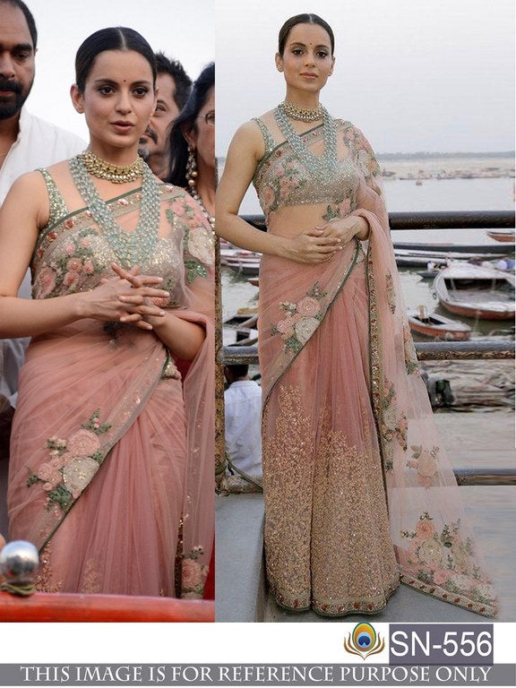 Peach mono net heavy embroidered wedding saree