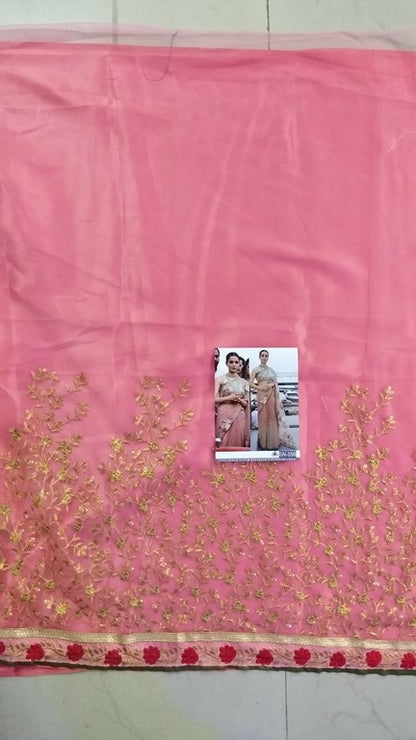 Peach mono net heavy embroidered wedding saree