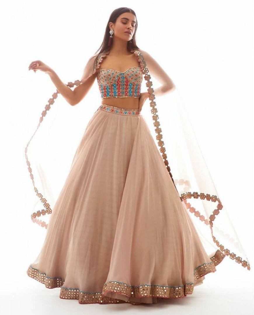 Peach mono net lehenga for ceremony