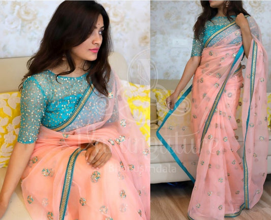 peach mono net sequence and dori embroidered ceremonial saree