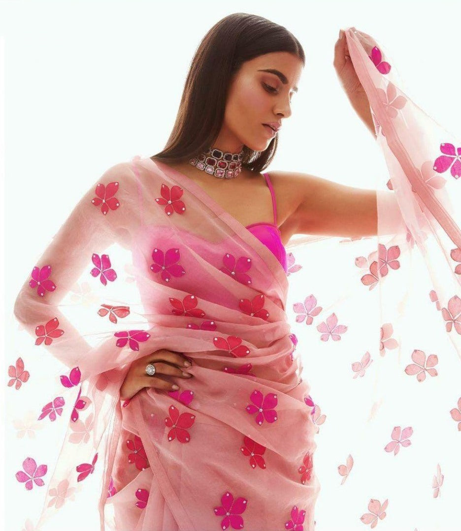 Peach moss organza digital printed stone work saree