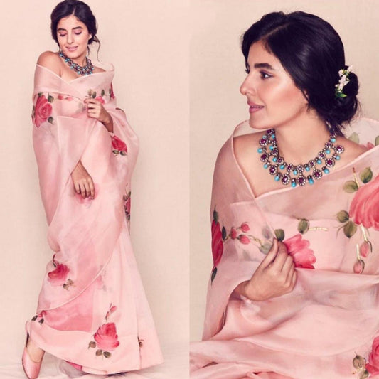 Peach moss organza floral printed saree