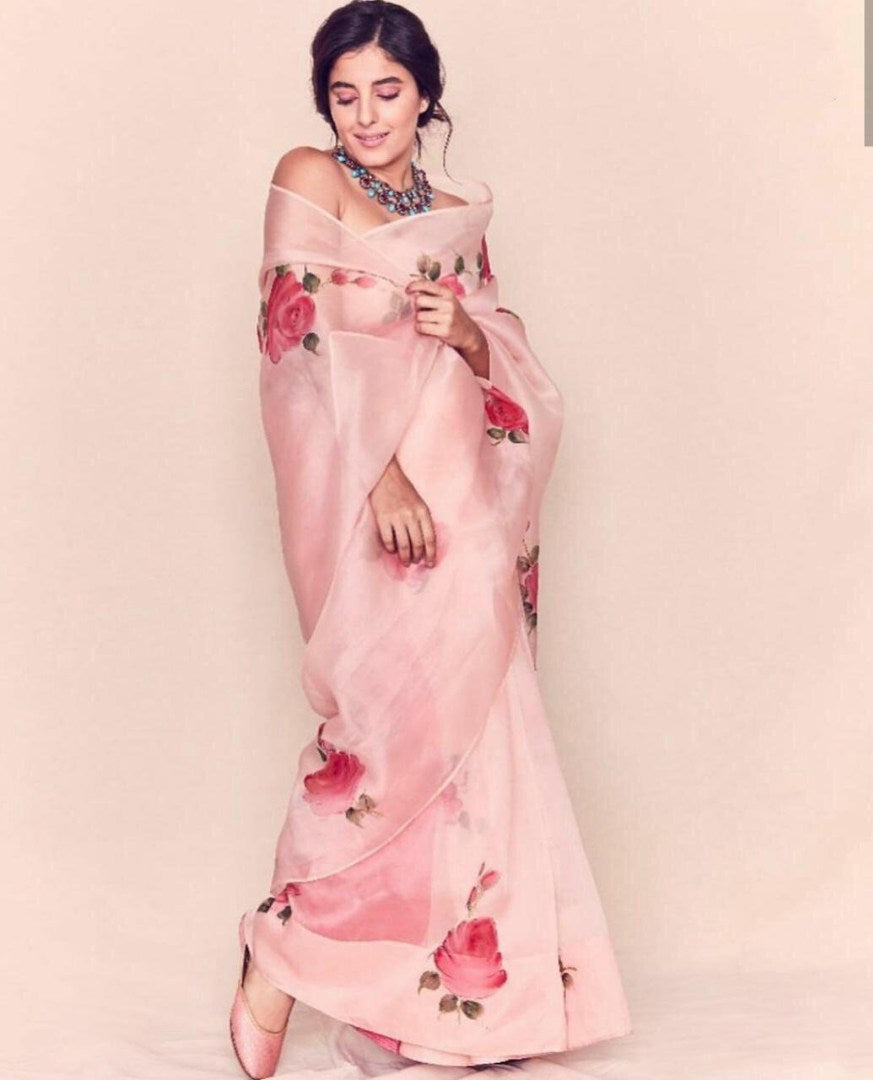 Peach moss organza floral printed saree