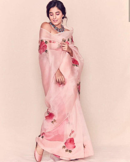 Peach moss organza floral printed saree