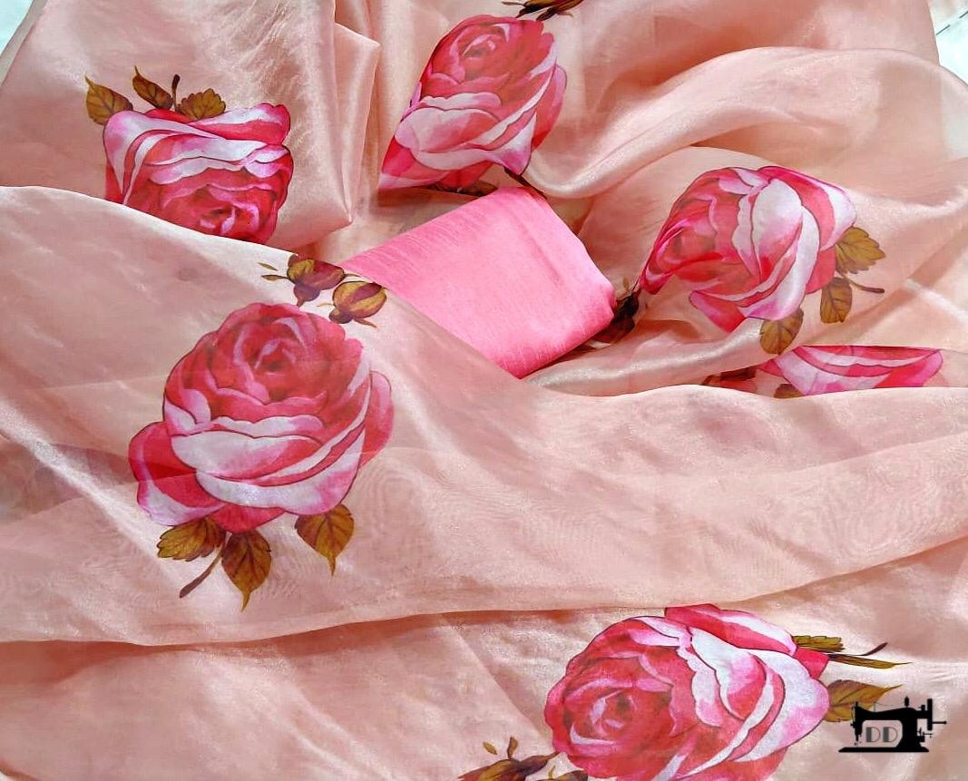 Peach moss organza floral printed saree