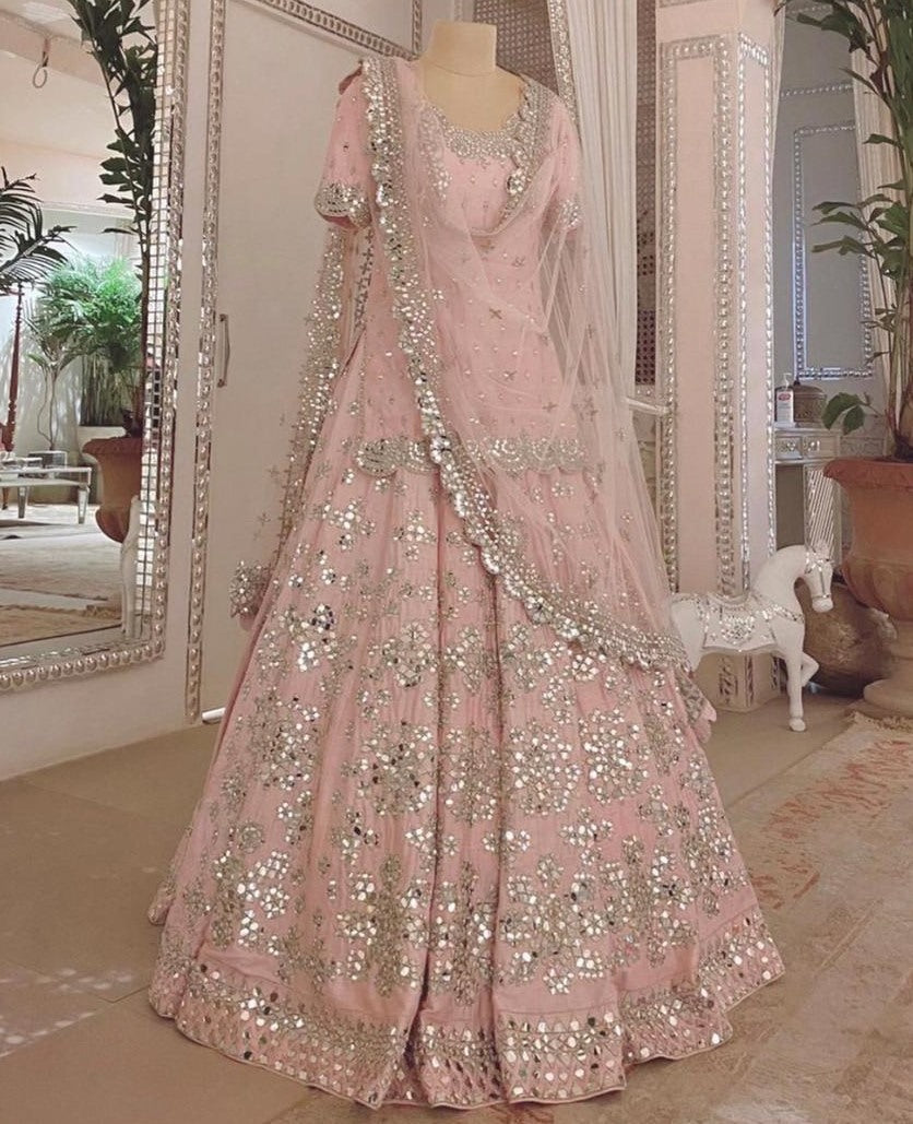 Peach mulberry silk paper mirror work wedding lehenga suit