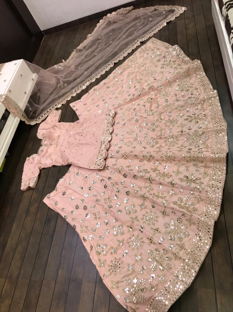 Peach mulberry silk paper mirror work wedding lehenga suit