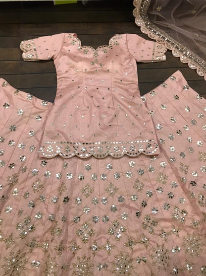 Peach mulberry silk paper mirror work wedding lehenga suit