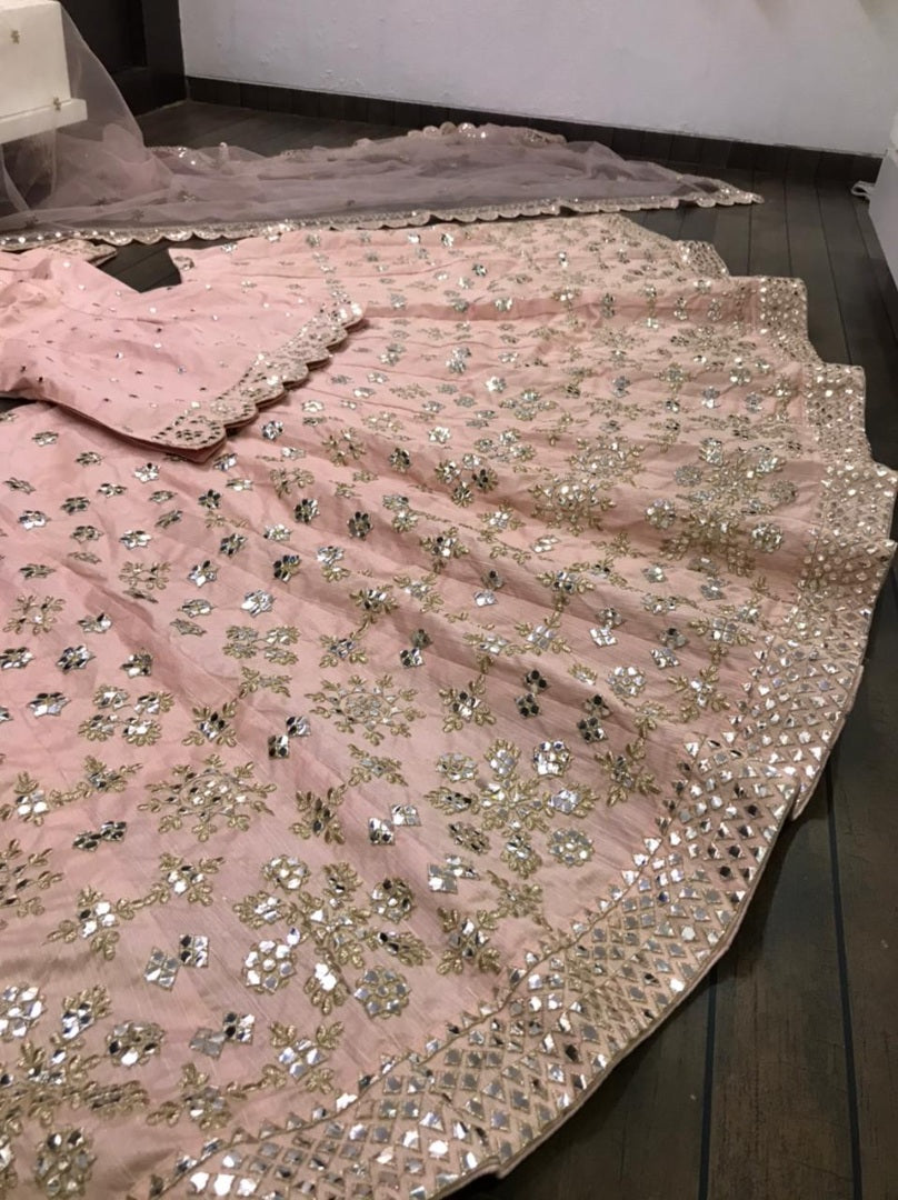 Peach mulberry silk paper mirror work wedding lehenga suit