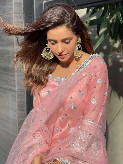 Peach muslin cotton embroidered sharara suit